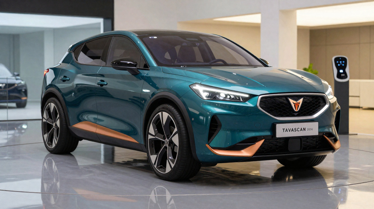 Cupra Tavascan azul esverdeado elétrico, exposto em salão moderno com carregador ao fundo.