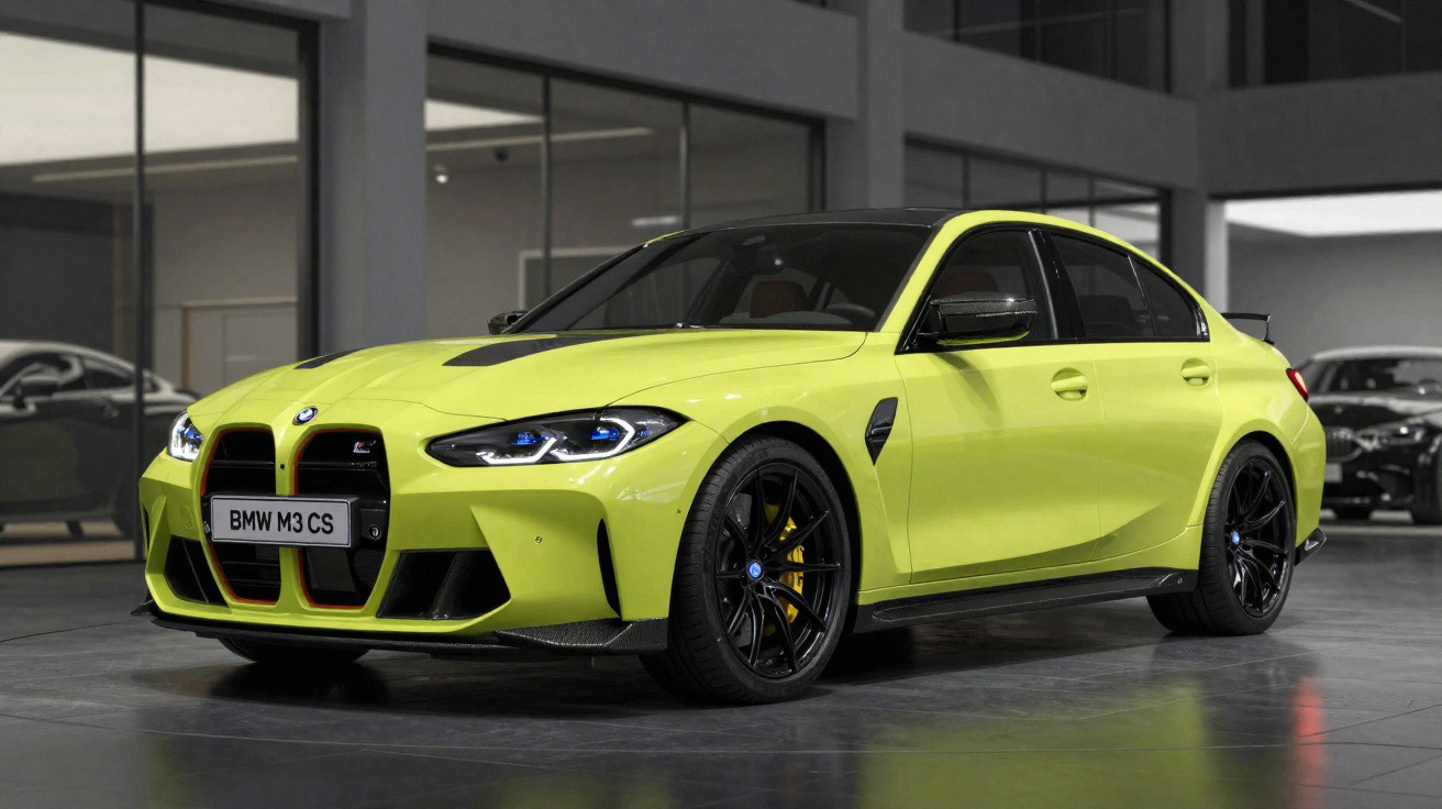 BMW M3 CS amarelo estacionado em espaço interior com jantes pretas e detalhes em preto.