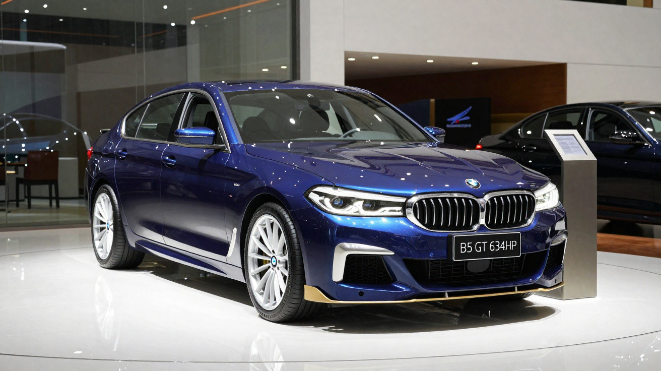 Carro BMW azul metálico exposto em salão com piso branco e iluminação refletida no veículo.