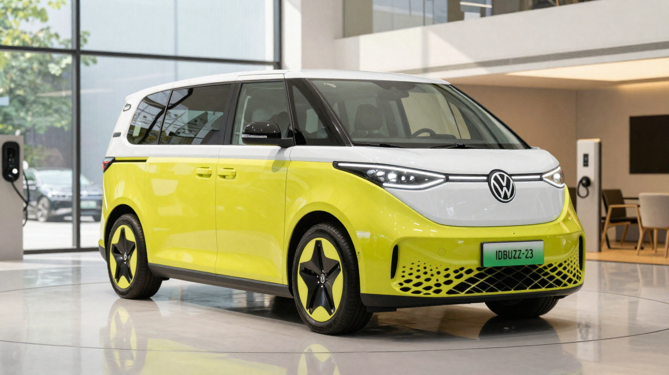 Carro elétrico Volkswagen ID Buzz Z3 amarelo e branco em exposição num espaço moderno e minimalista.