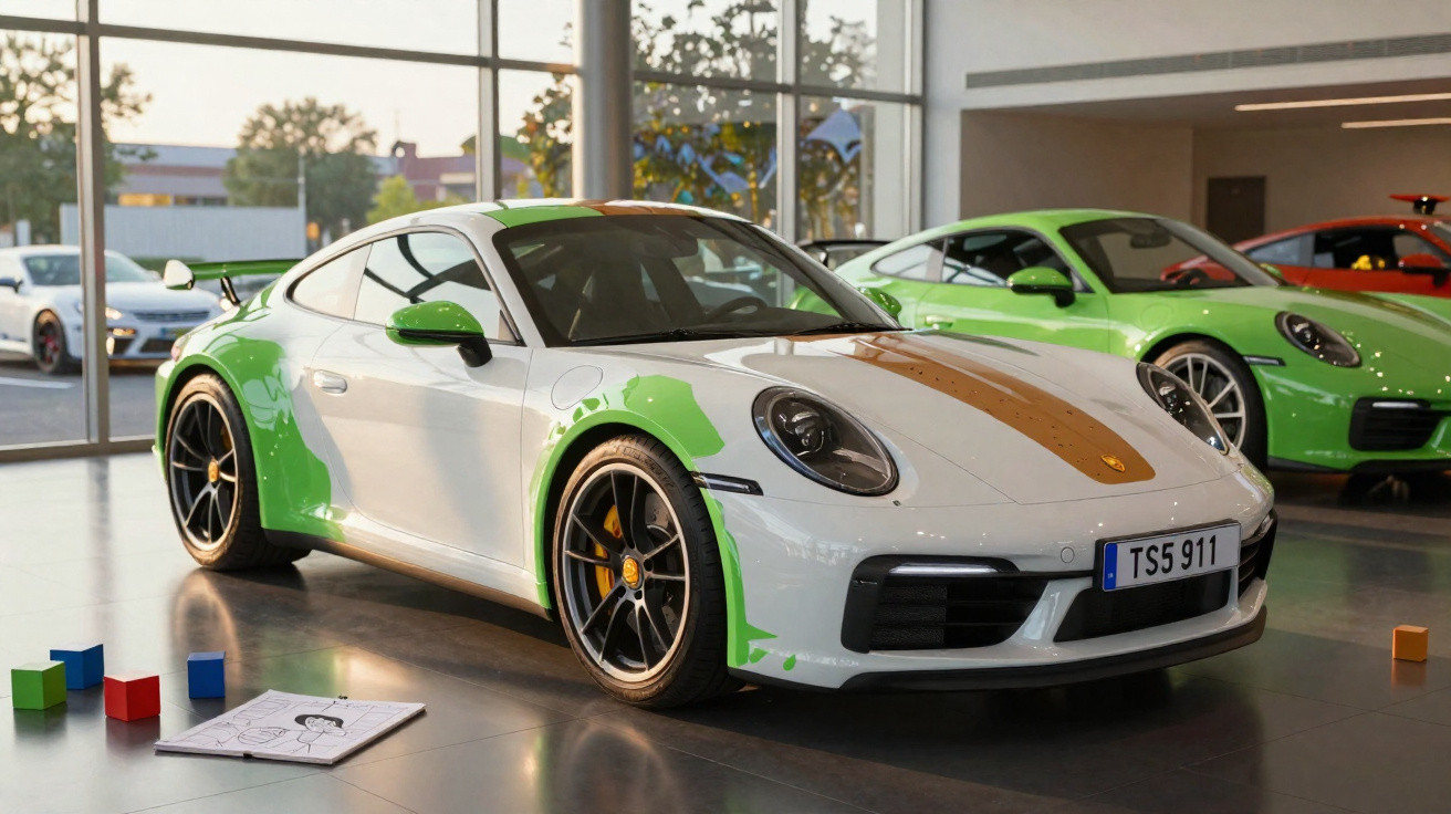 Carro desportivo branco com detalhes verdes e dourados em exposição num salão moderno com luz natural.