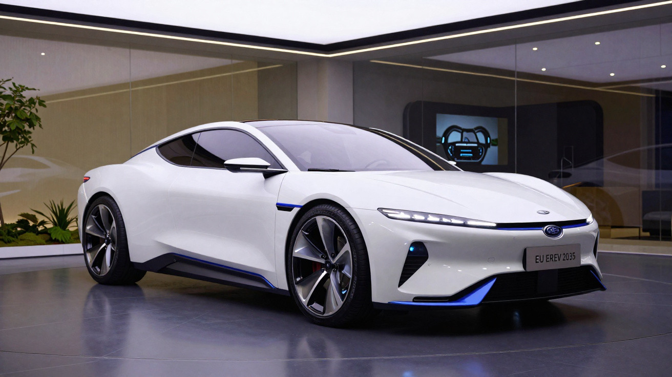 Carro desportivo elétrico branco com design futurista exposto em ambiente interior moderno.