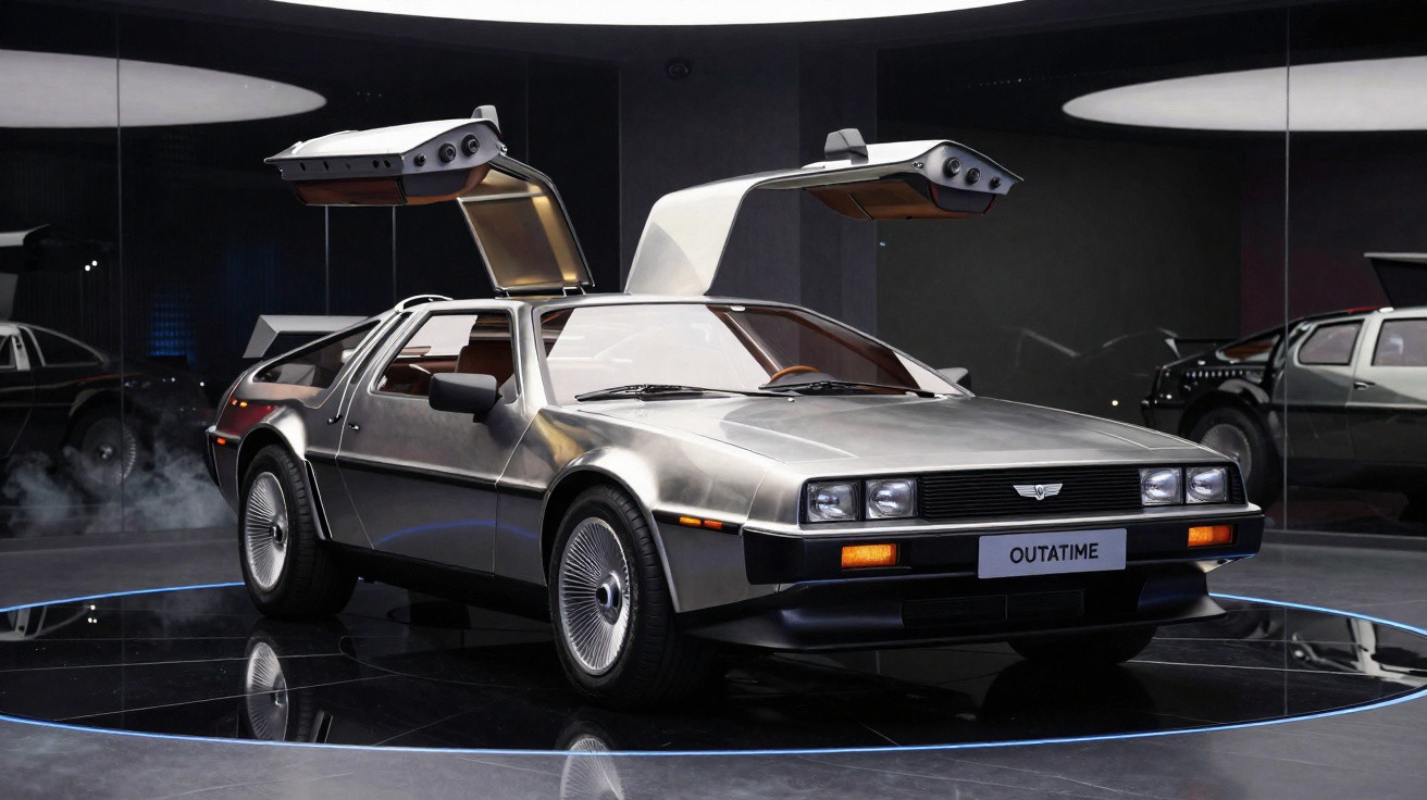 Carro desportivo prata com portas asa de gaivota abertas em exposição numa sala escura.
