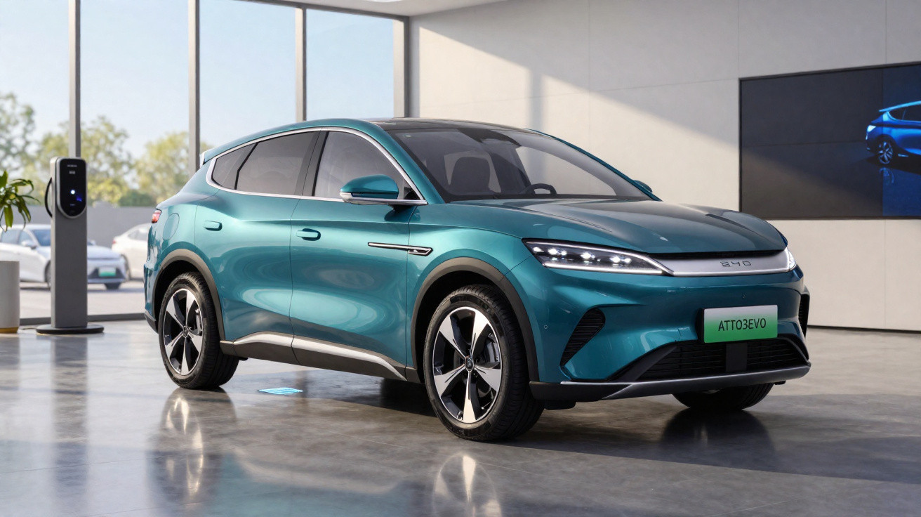 Carro elétrico azul turquesa estacionado em showroom moderno com estação de carregamento ao fundo.