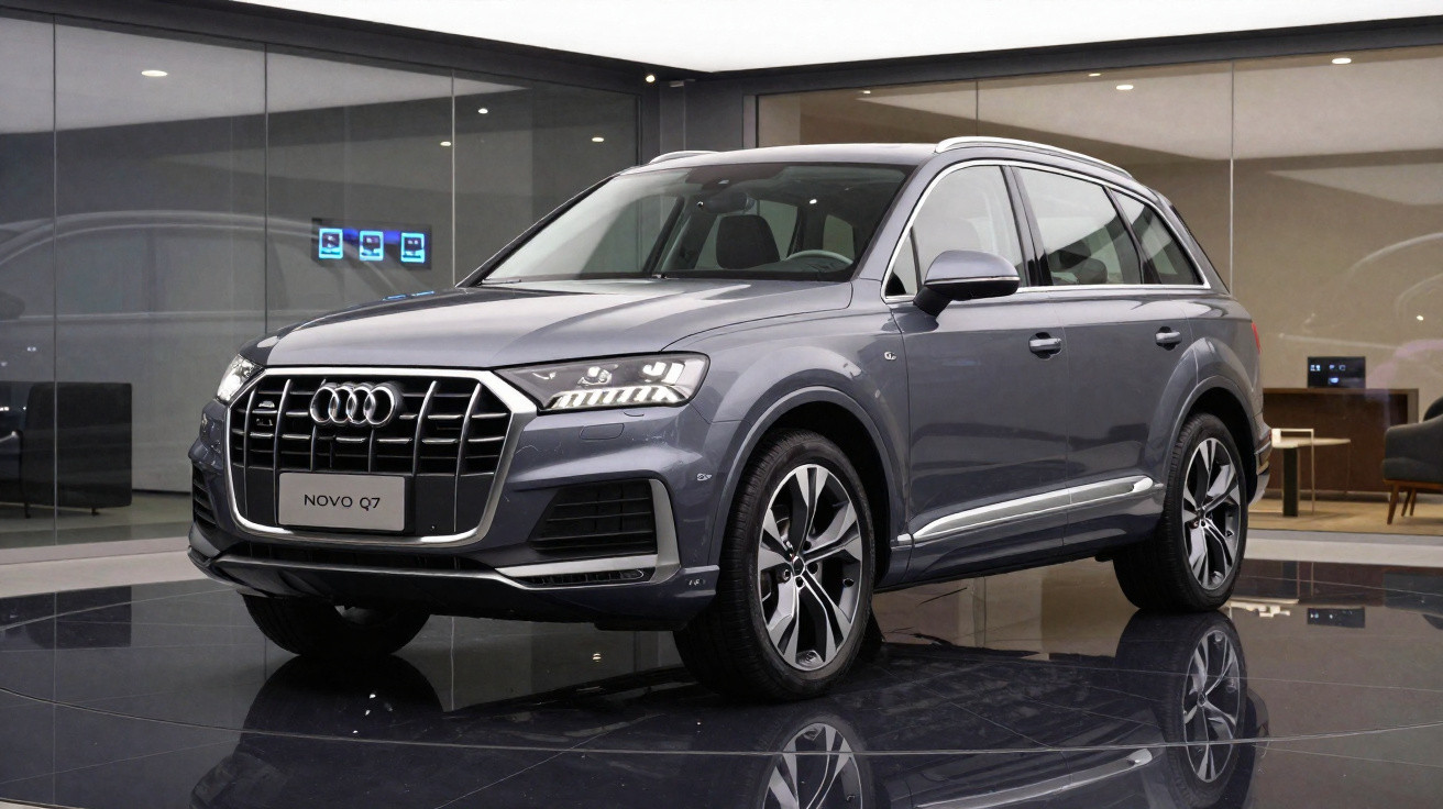 SUV Audi Q7 cinzento estacionado em showroom moderno com piso refletor.