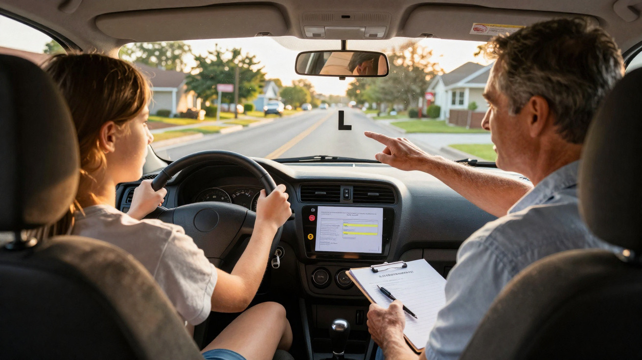 Aluna a conduzir um carro com instrutor ao lado, apontando para o sinal de aprendiz no pára-brisas.