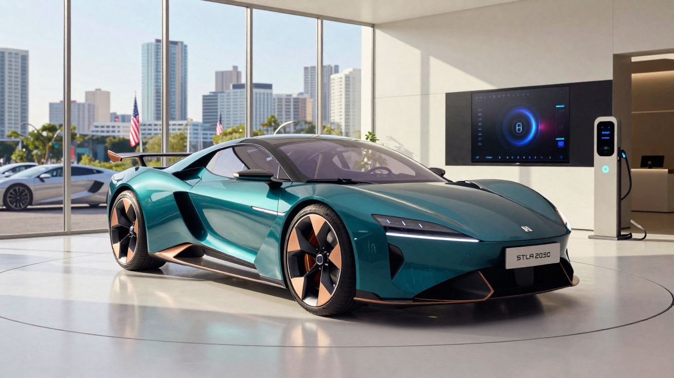Carro desportivo elétrico verde metálico num showroom moderno com vista para cidade e posto de carregamento.