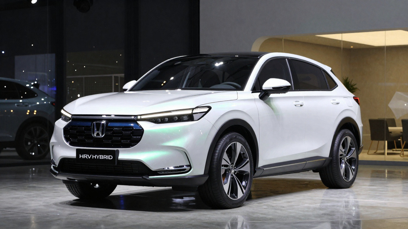 Carro híbrido Honda HR-V branco, moderno e elegante, estacionado num showroom com iluminação suave.