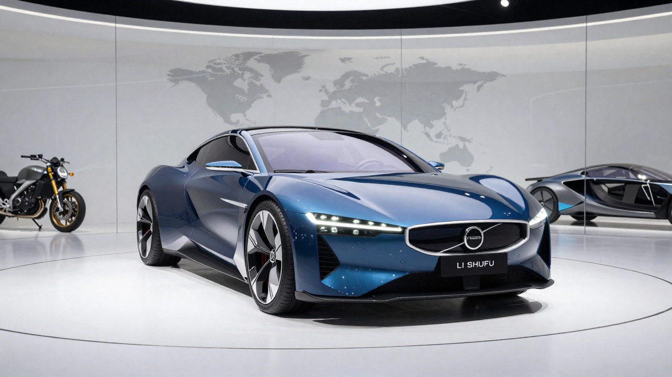 Carro desportivo elétrico azul expositor com design futurista em salão automóvel moderno.