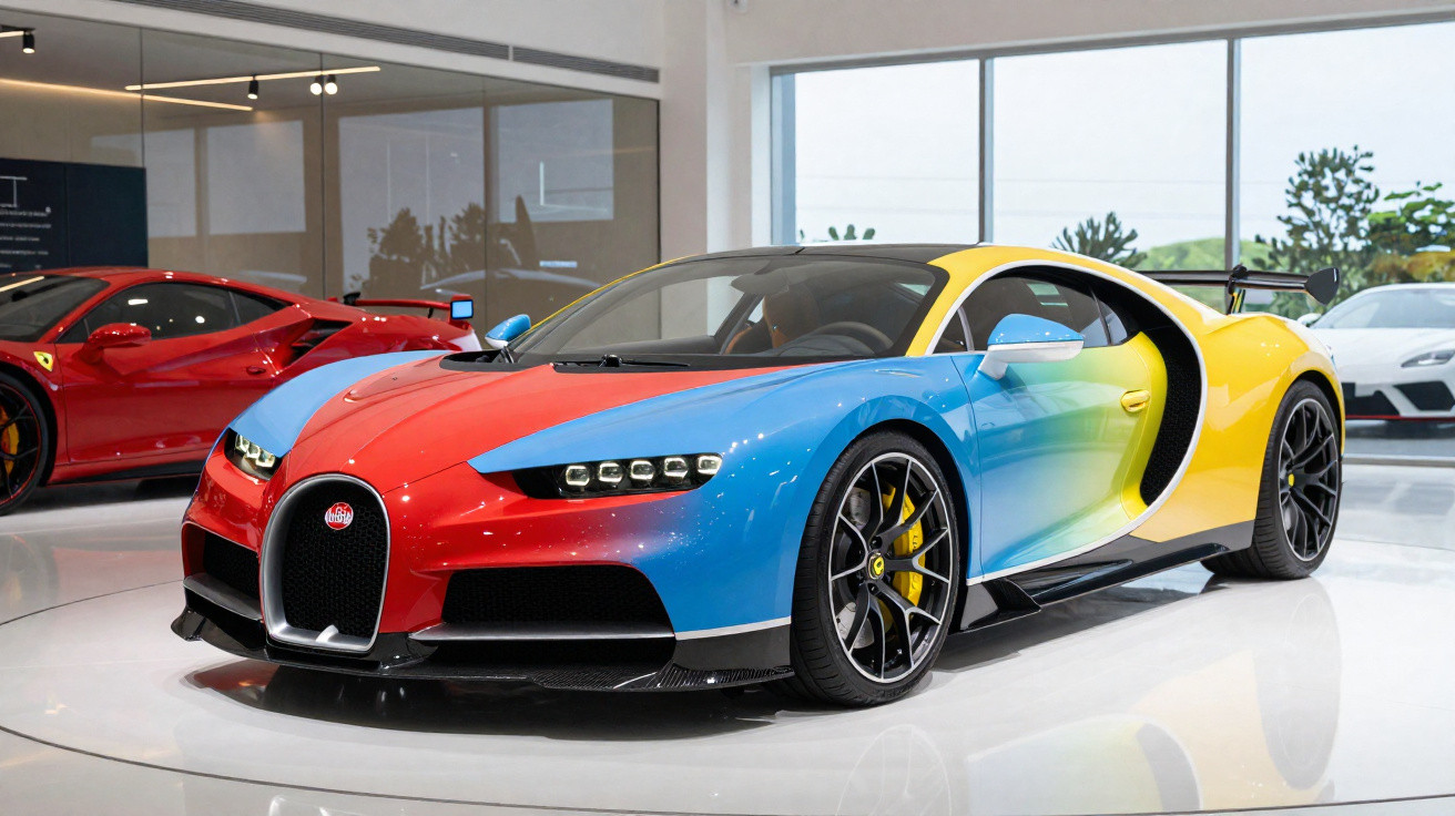 Bugatti Chiron com pintura em vermelho, azul e amarelo exposto numa sala com janelas grandes.
