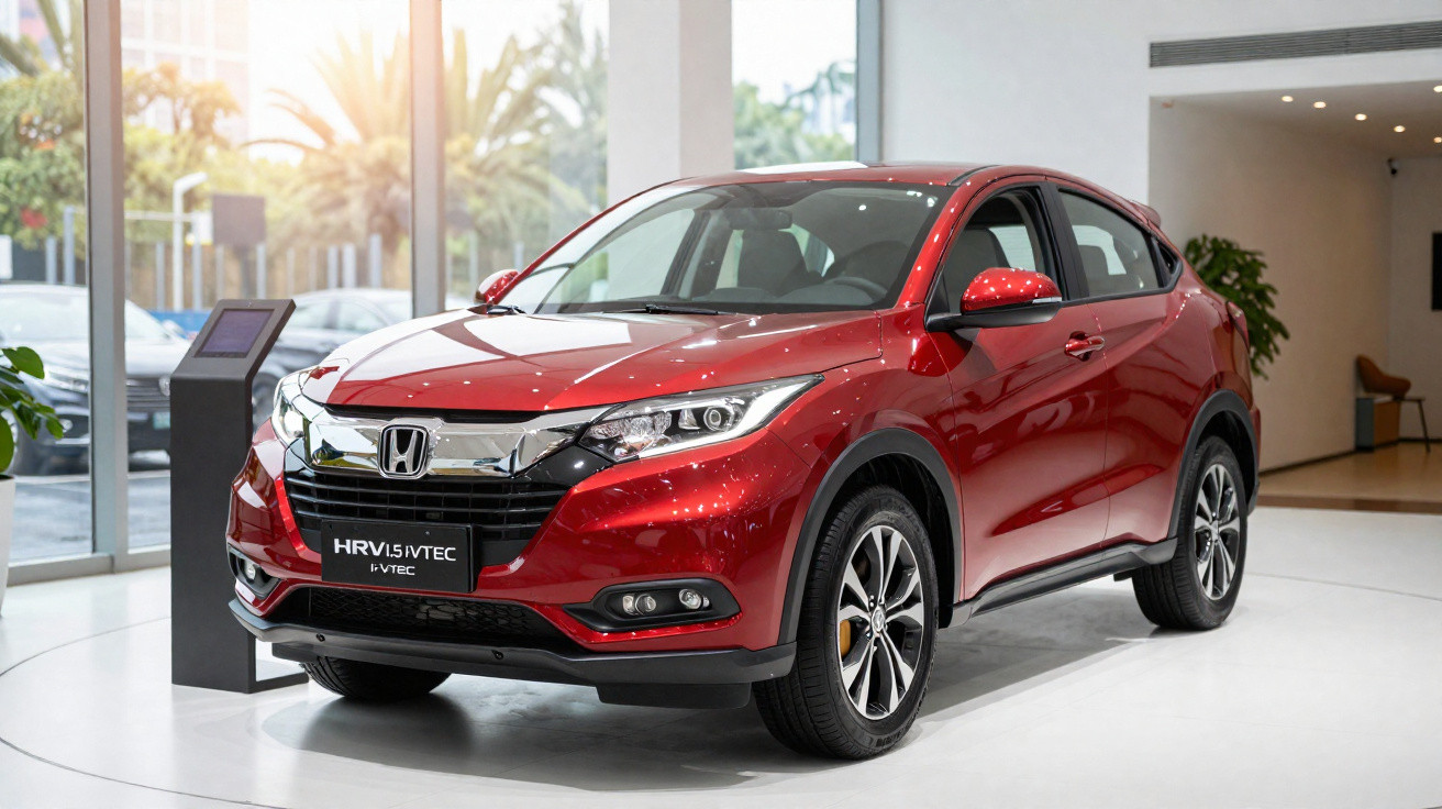 Carro SUV Honda HR-V vermelho exposto em salão de automóveis moderno e iluminado.