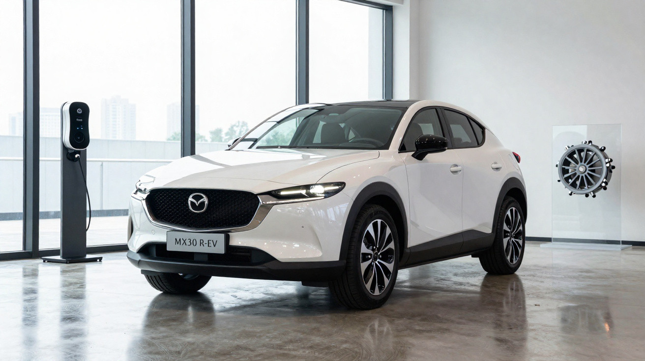 Carro elétrico Mazda MX-30 R-EV branco, estacionado em espaço interior com estação de carregamento ao lado.