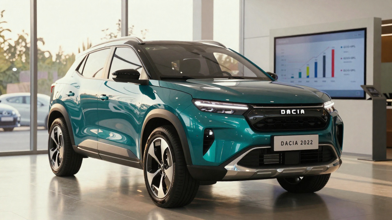 Carro SUV verde metálico Dacia 2022 em exposição num showroom moderno com chão espelhado.