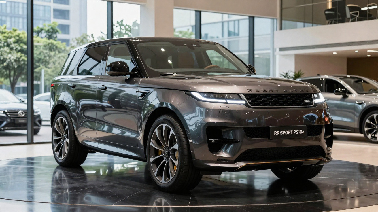 Carro elétrico Range Rover Sport P510e cinzento em exposição numa concessionária moderna com grandes janelas.