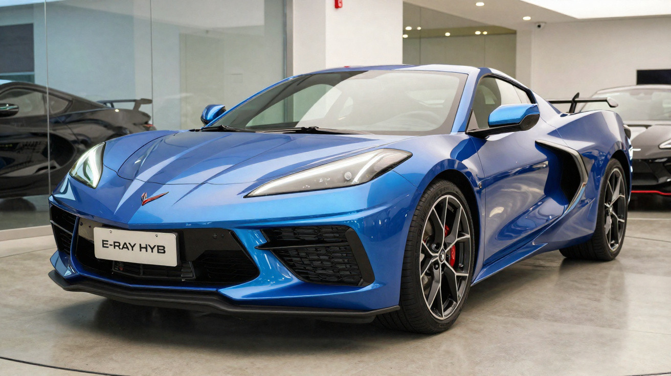 Carro desportivo azul metálico com faróis LED, jantes desportivas e matrícula E-RAY HYB em exposição interior.