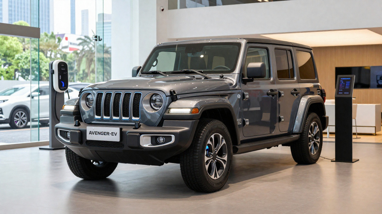 Carrinha elétrica cinza Jeep Avenger EV exposta em sala de showroom moderna e iluminada.