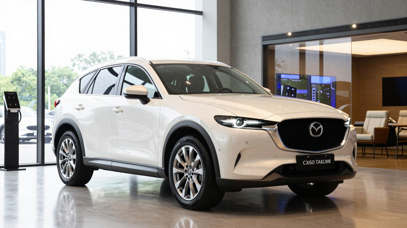 SUV branco Mazda CX-60 Takumi estacionado em showroom moderno com piso refletor e grandes janelas.
