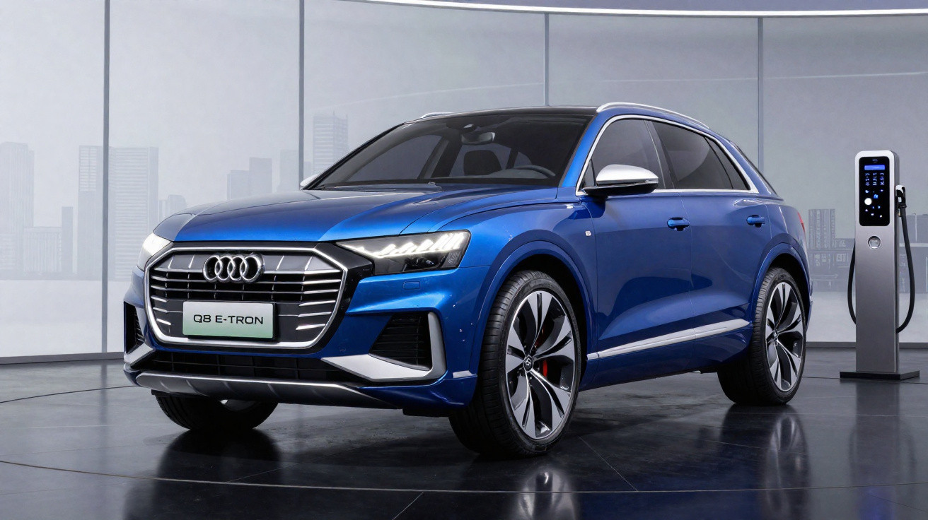 Audi Q8 E-Tron azul estacionado junto a posto de carregamento elétrico moderno, interior minimalista e urbano.