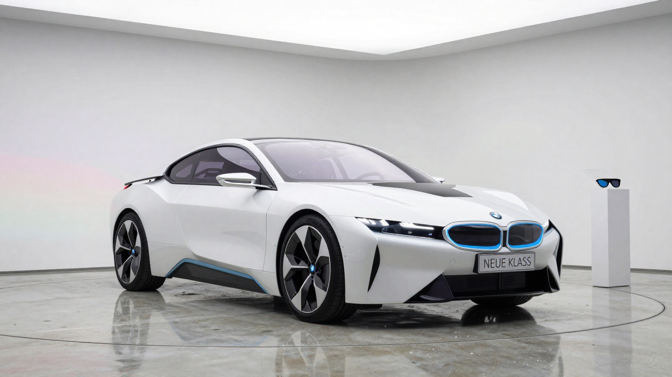 Carro desportivo elétrico branco BMW i Vision Neue Klasse em espaço minimalista com pedestal e óculos de sol.