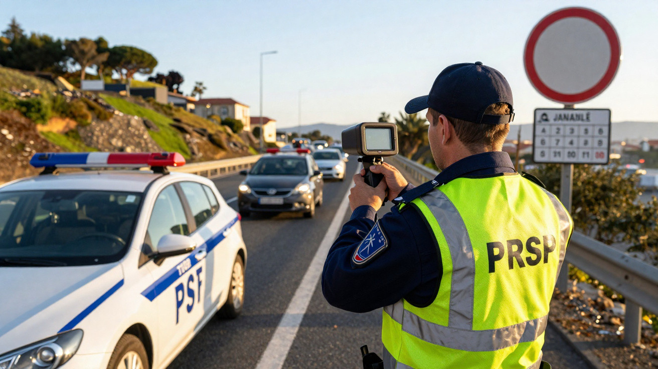 Agente da PSP a usar radar para controlar a velocidade dos veículos numa estrada com trânsito moderado.