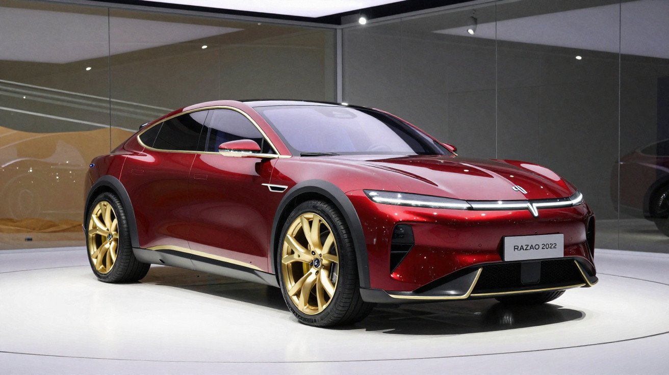 Carro elétrico desportivo vermelho com jantes douradas em exposição numa sala com paredes de vidro.