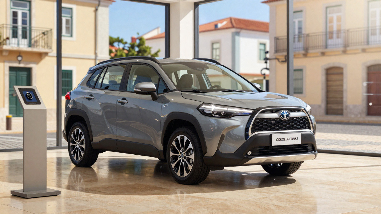 Carro Toyota Corolla Cross cinza estacionado num espaço interior luminoso com montra para rua.