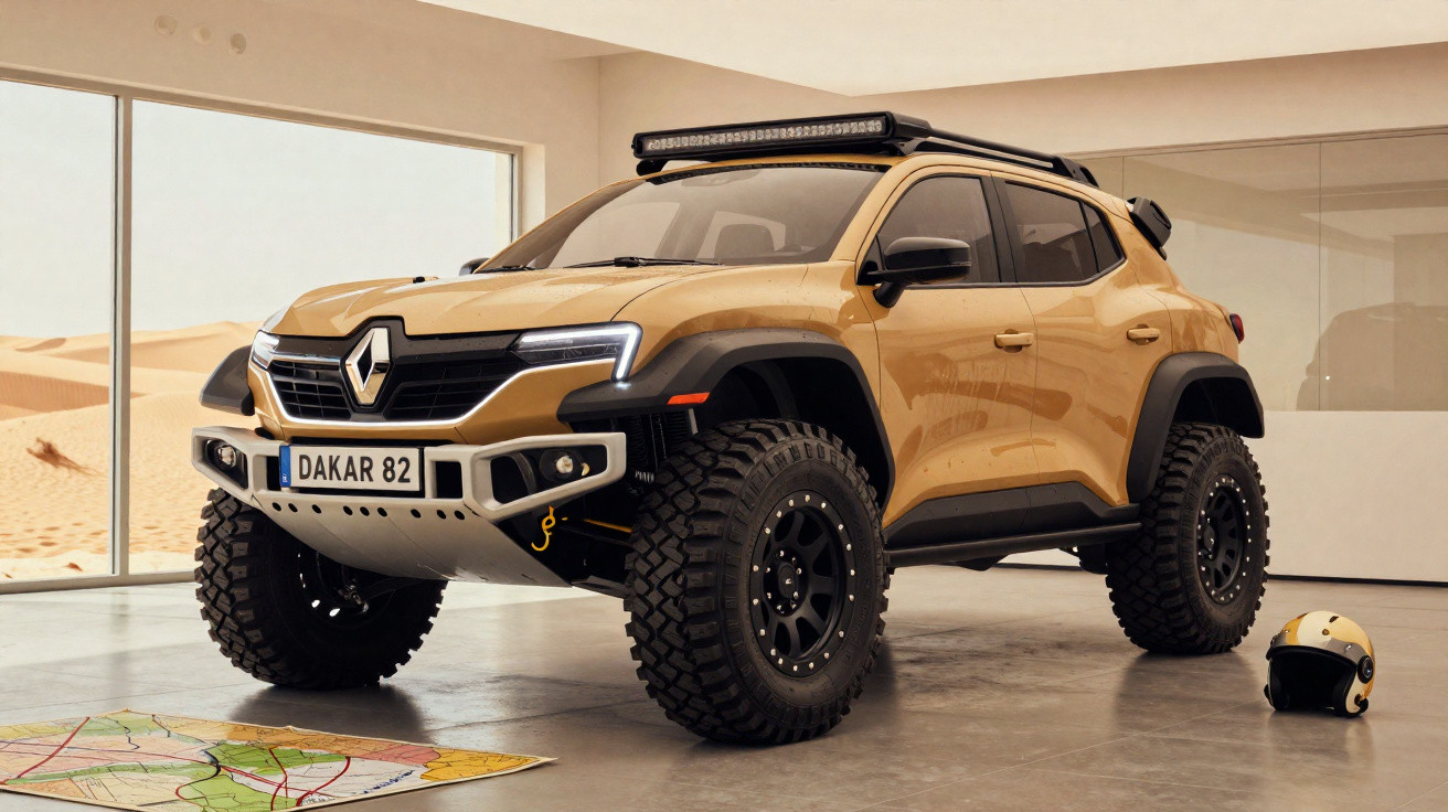 Carro 4x4 desportivo amarelo com faróis LED, pneus off-road e capacete ao lado, em garagem moderna.