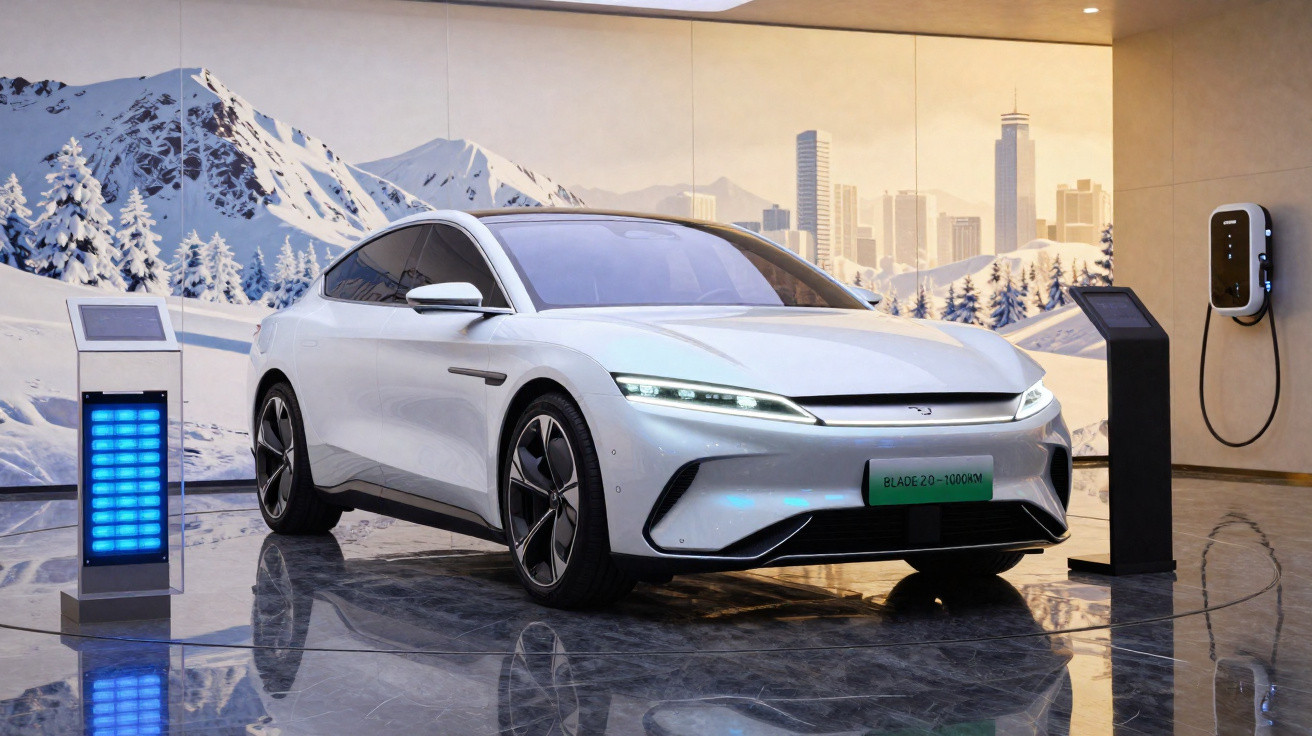 Carro elétrico branco moderno num ambiente interior com paisagem de montanha nevada e estação de carregamento.