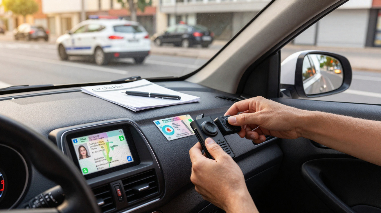 Pessoa a usar aplicação de controlo de voz num carro com apontador e comando, com viatura policial ao fundo.