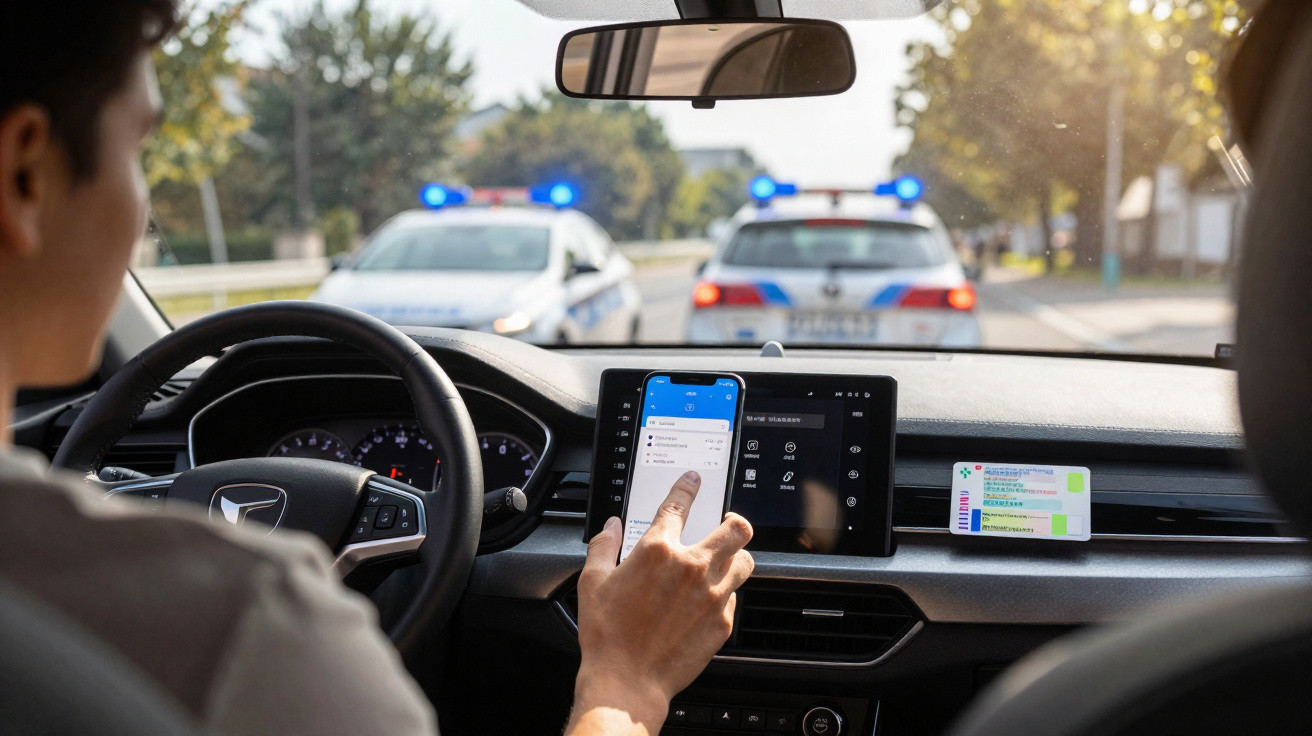Condutor ao telemóvel com polícia a aproximar-se em carro na estrada, luzes azuis ligadas.