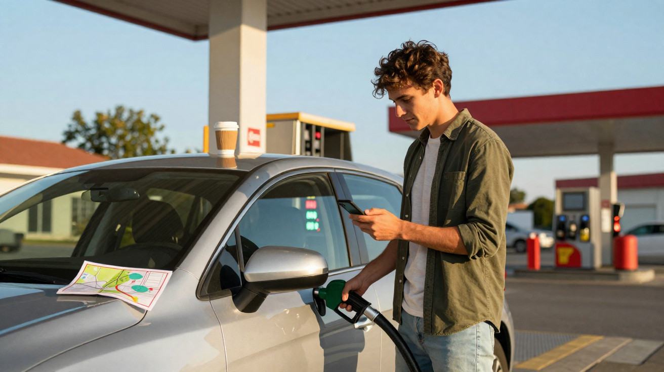 Homem jovem a abastecer carro numa bomba de gasolina enquanto usa telemóvel, com copo de café e mapa no tejadilho.