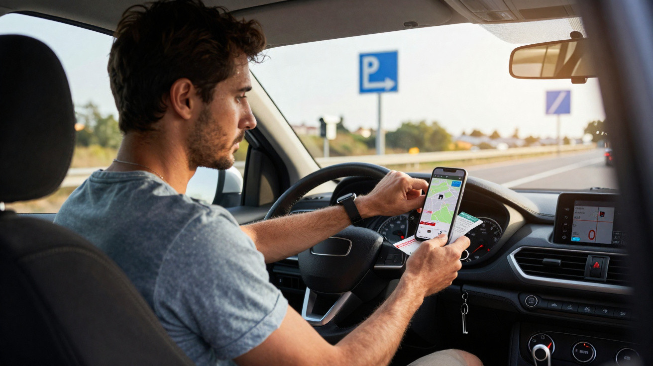 Homem a conduzir carro, a verificar bilhete e passaporte com aplicação de mapa no telemóvel.