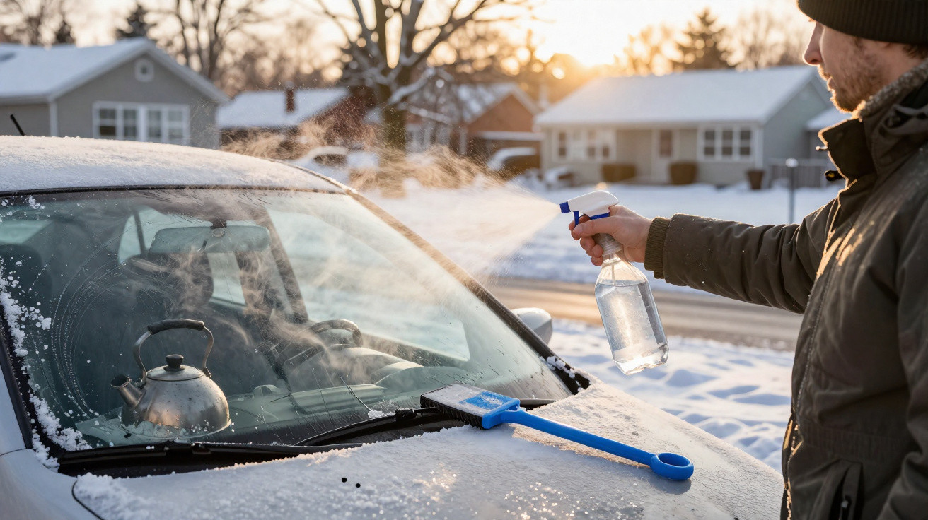 Homem com casaco pesado limpa gelo do para-brisas de carro com spray e escova, enquanto a chaleira aquece no capô.