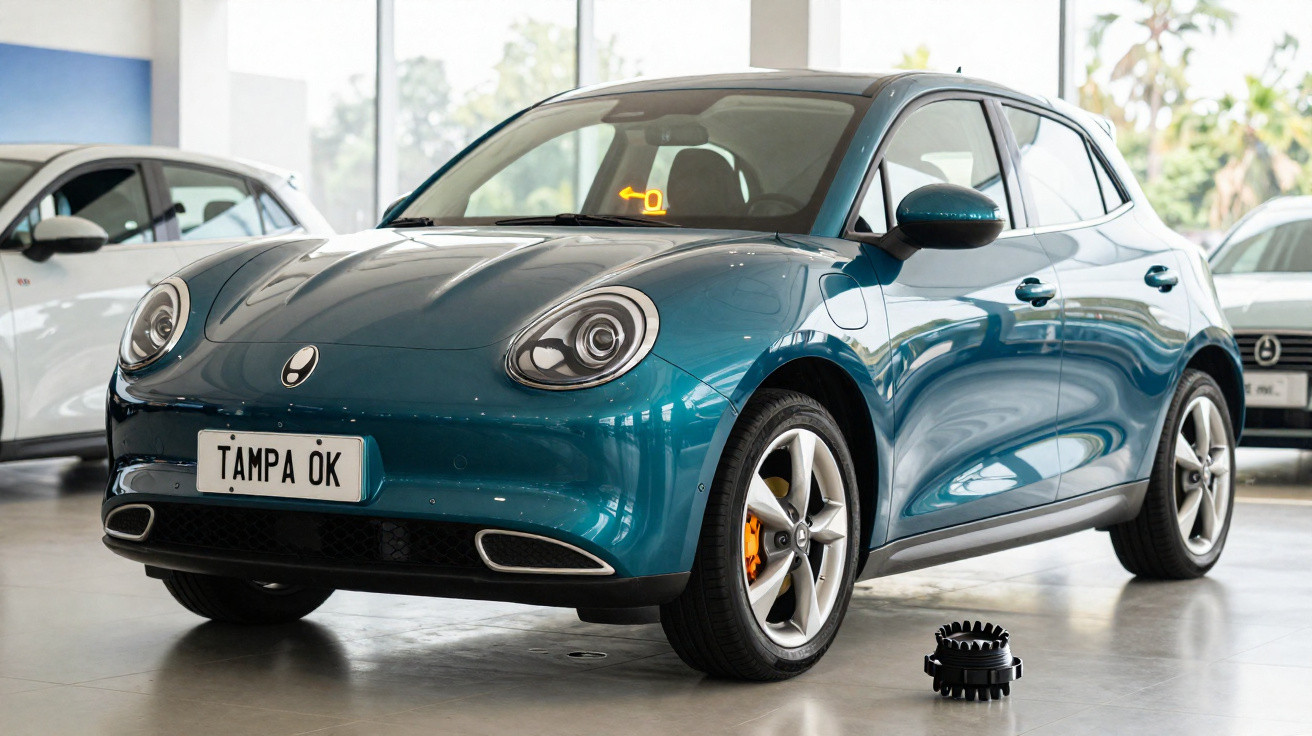 Carro elétrico azul brilhante estacionado num showroom moderno com janelas grandes.