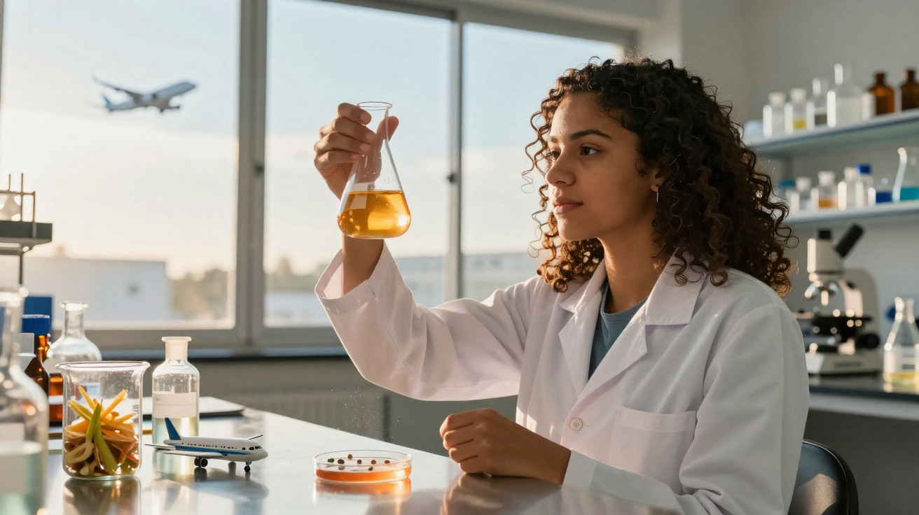 Mulher cientista em laboratório a analisar líquido amarelo num recipiente de vidro.