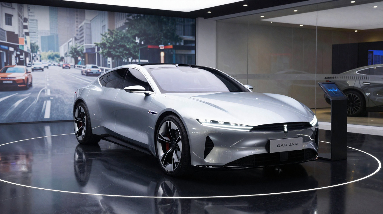 Carro desportivo elétrico prateado com design futurista exposto numa sala moderna.