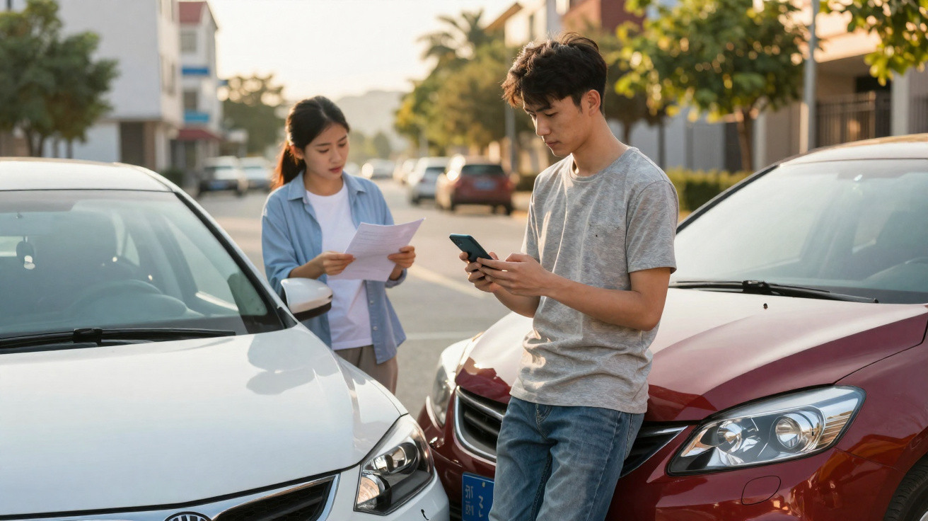 Dois homens a frente de carros danificados após colisão numa rua residencial, um usa telemóvel e outro lê papel.