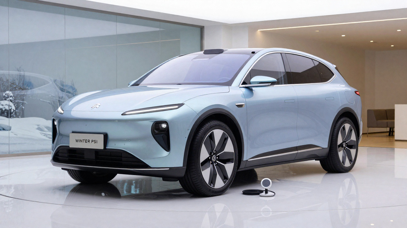 Carro elétrico moderno azul claro estacionado em sala branca com chão espelhado, ligado a carregador.