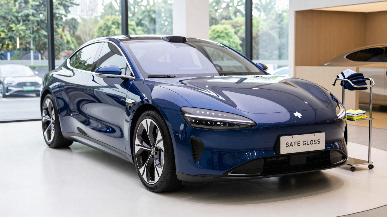 Carro elétrico azul brilhante estacionado em showroom com janelas amplas ao fundo.