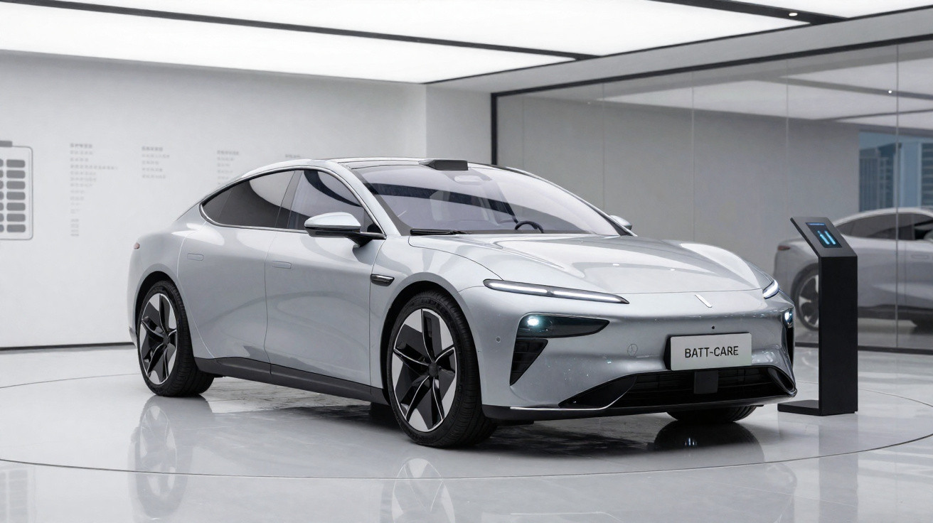 Carro elétrico cinza prateado estacionado num espaço moderno com chão branco e um terminal de carregamento à direita.
