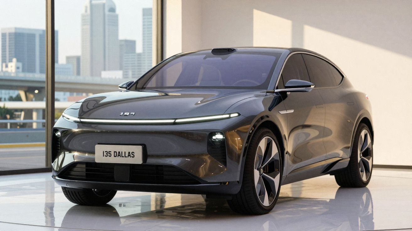 Carro elétrico cinza escuro I35 Dallas estacionado em piso brilhante com cidade ao fundo.
