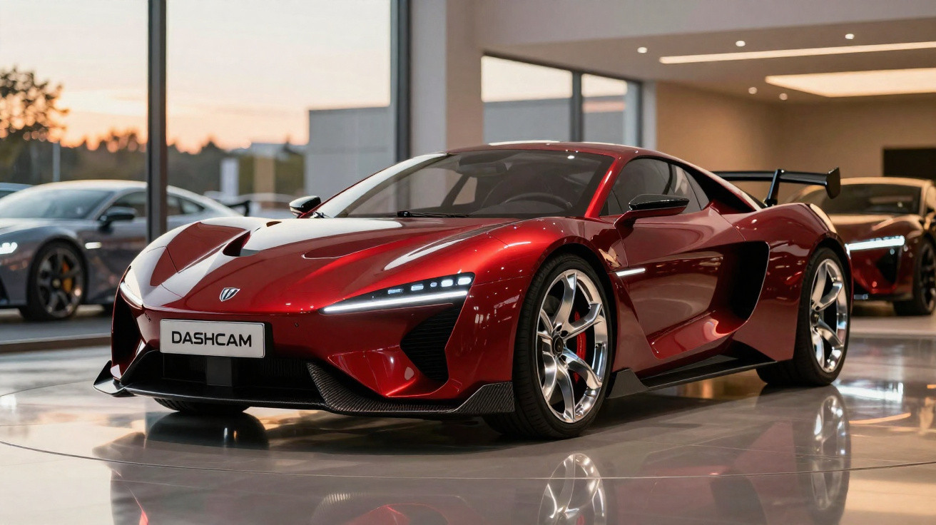 Carro desportivo vermelho brilhante estacionado no interior de uma garagem moderna com outros carros ao fundo.