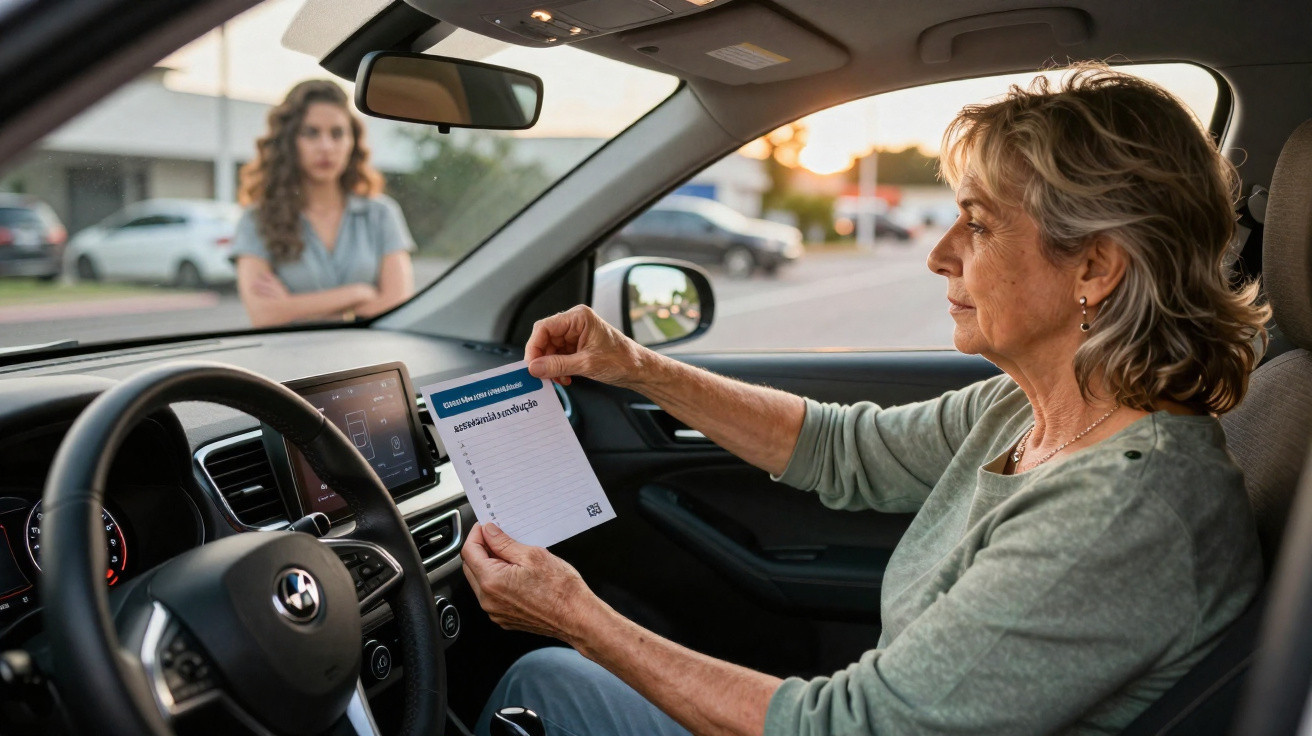 Mulher mais velha mostra carta de condução a jovem mulher fora do carro numa rua residencial.
