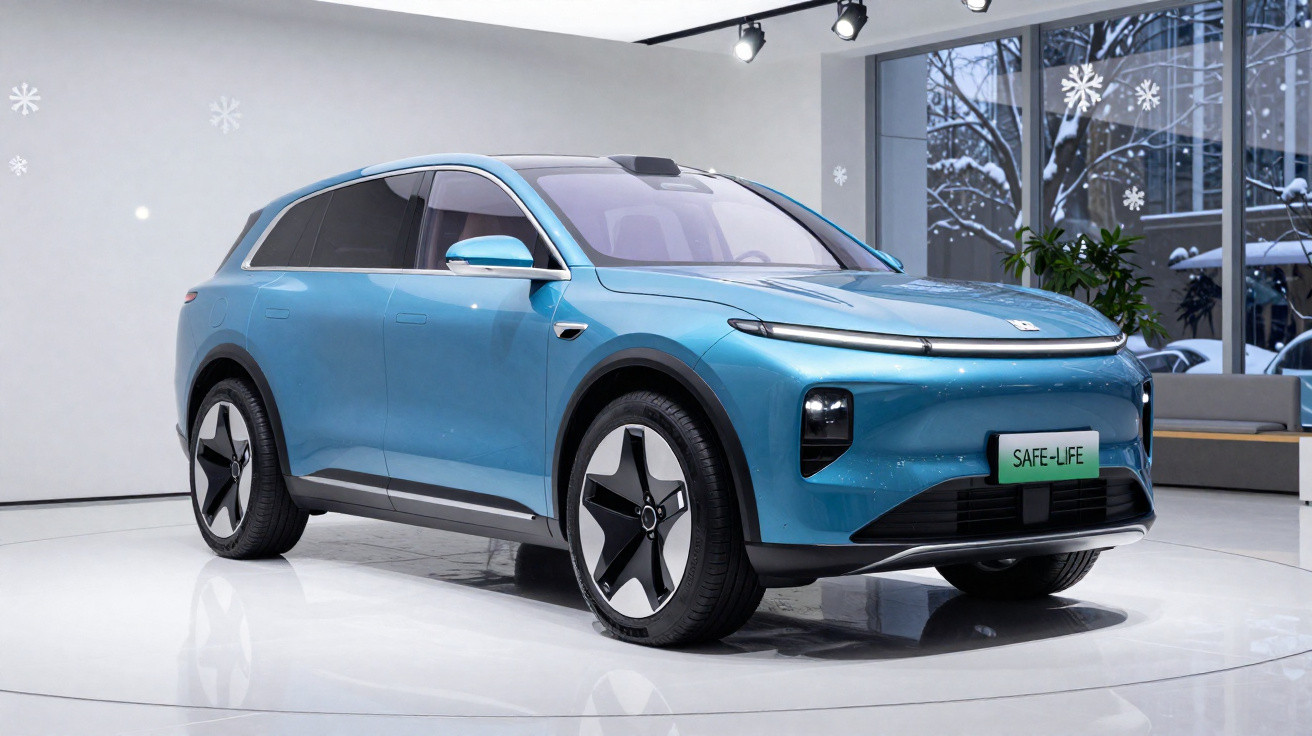 Carro elétrico azul claro em exposição moderna com iluminação branca e decoração de flocos de neve.