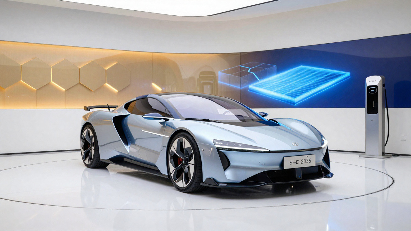 Carro elétrico azul claro moderno estacionado numa sala branca com elemento decorativo hexagonal na parede.