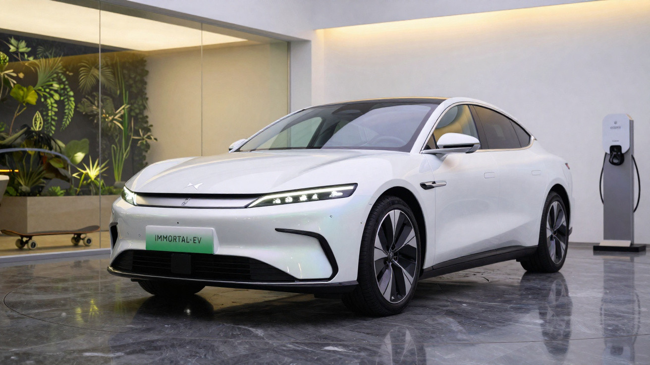 Carro eléctrico branco moderno estacionado num espaço interior com parede decorada por plantas.