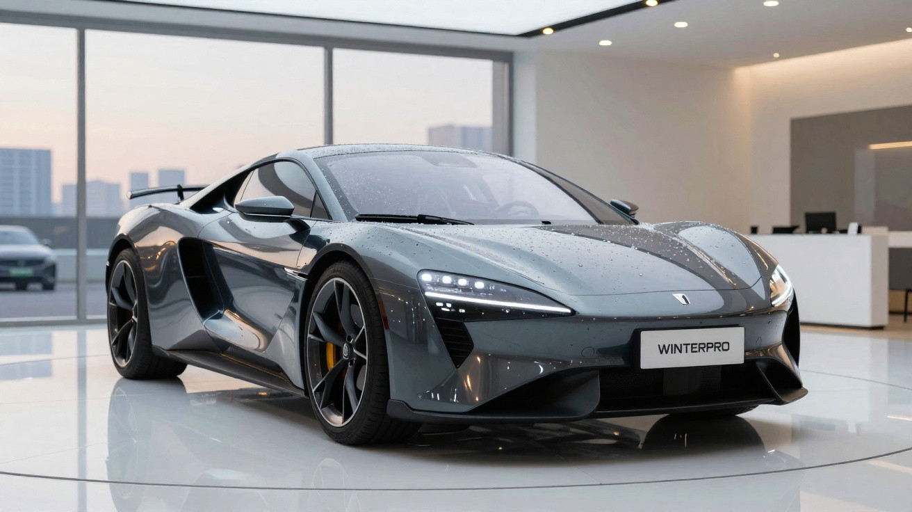 Carro desportivo cinzento com design aerodinâmico exposto numa sala moderna e iluminada.