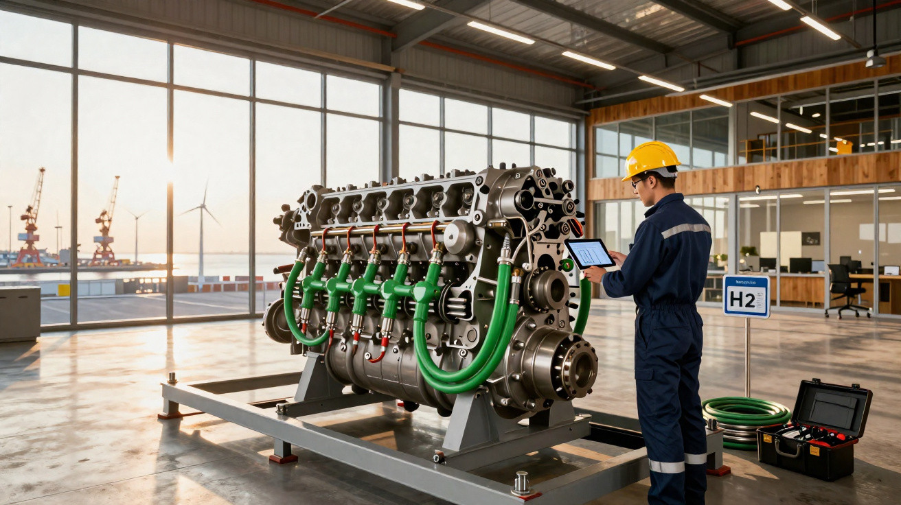 Engenheiro com capacete amarelo a inspecionar motor industrial numa oficina moderna com vista para porto.