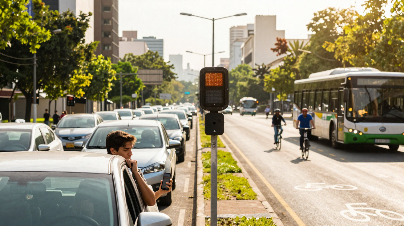 Homem jovem com mochila está sentado no capô de um carro parado no trânsito numa rua urbana movimentada.