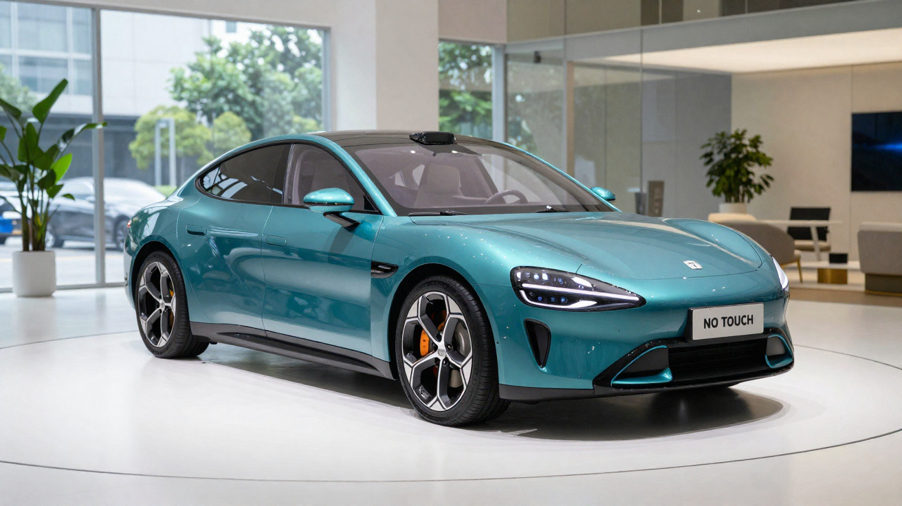 Carro elétrico desportivo azul turquesa exibido em salão interno com placa "No Touch".